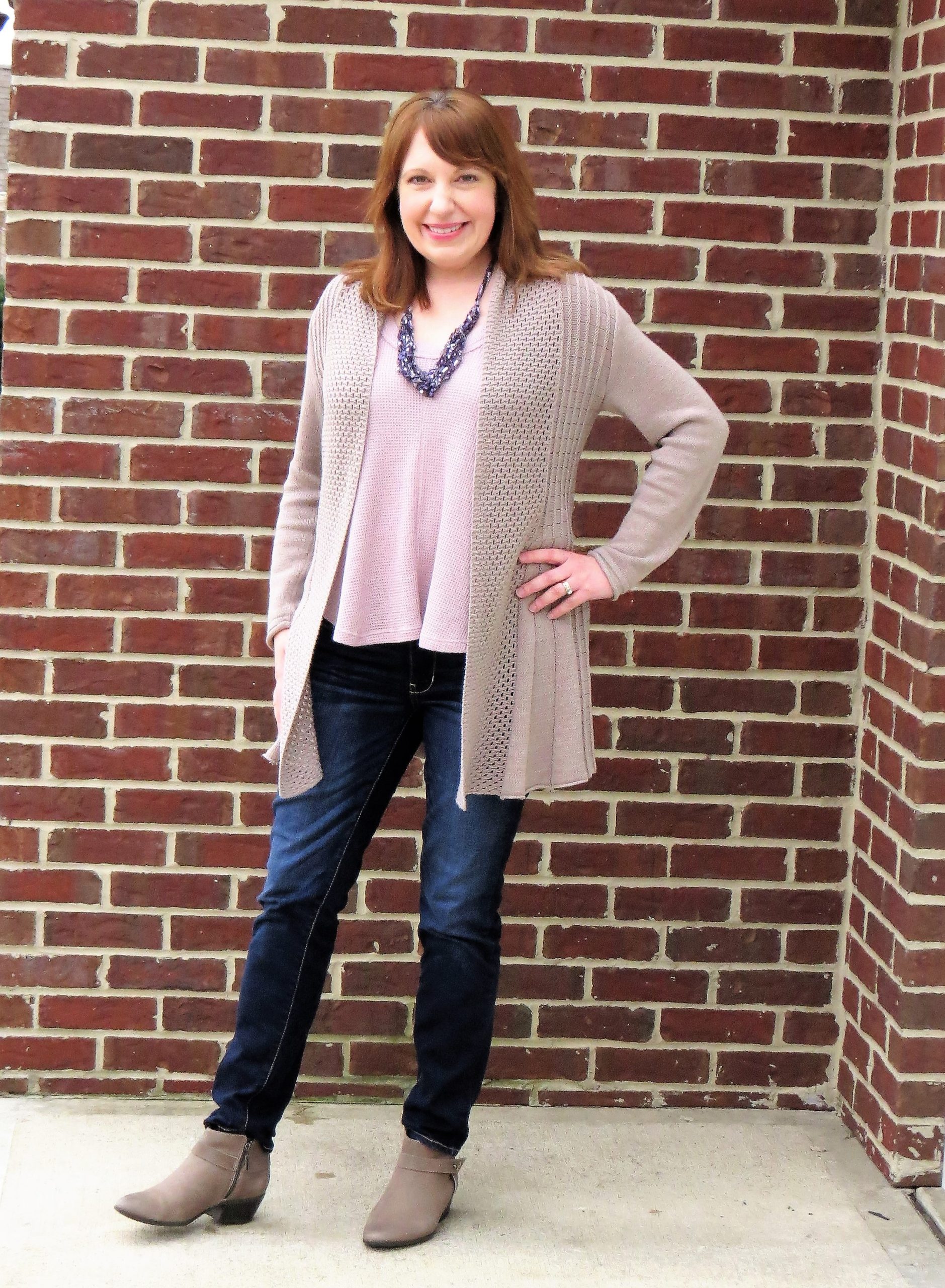 Taupe Cardigan and Lilac Knit Top – Dressed in Faith