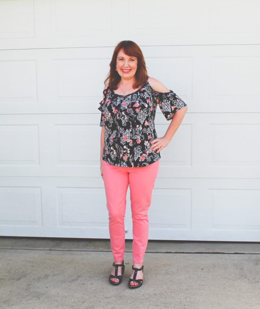 Cold Shoulder Blouse And Pink Jeans Dressed In Faith