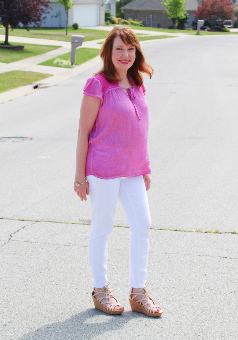 Pink Neck-Tie Top and White Jeans – Dressed in Faith