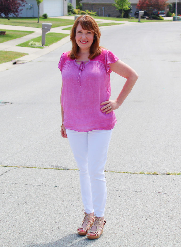 Pink Neck-Tie Top and White Jeans – Dressed in Faith