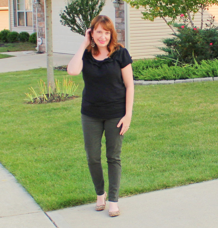 Black Ruffle Top And Spruce Green Jeans - Dressed In Faith