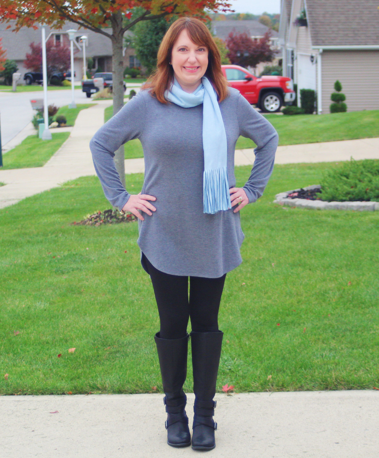 Gray Tunic and Baby Blue Scarf - Dressed in Faith