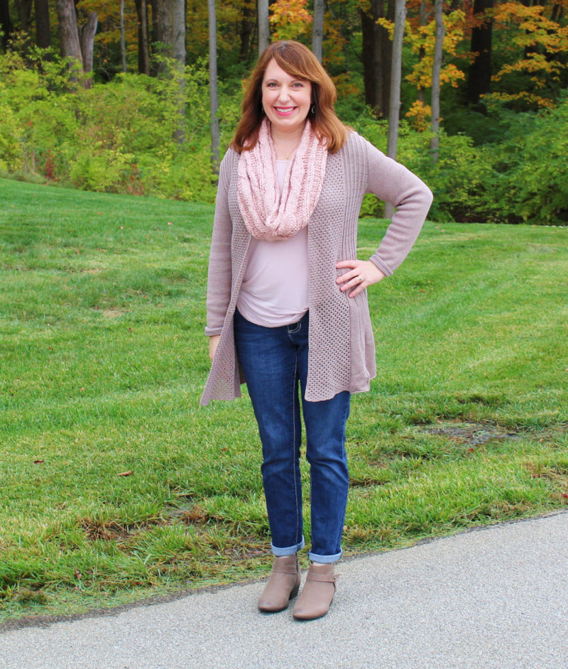 Taupe Cardigan Over Blush Tee – Dressed in Faith