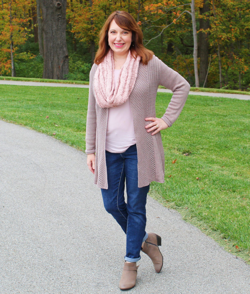 Taupe Cardigan Over Blush Tee – Dressed in Faith