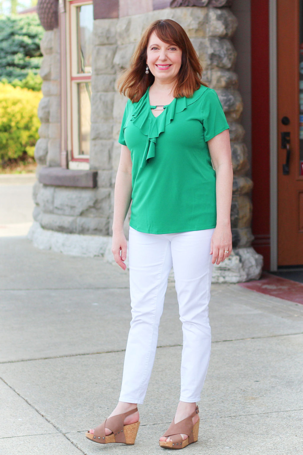 Green Ruffle Top and White Jeans – Dressed in Faith