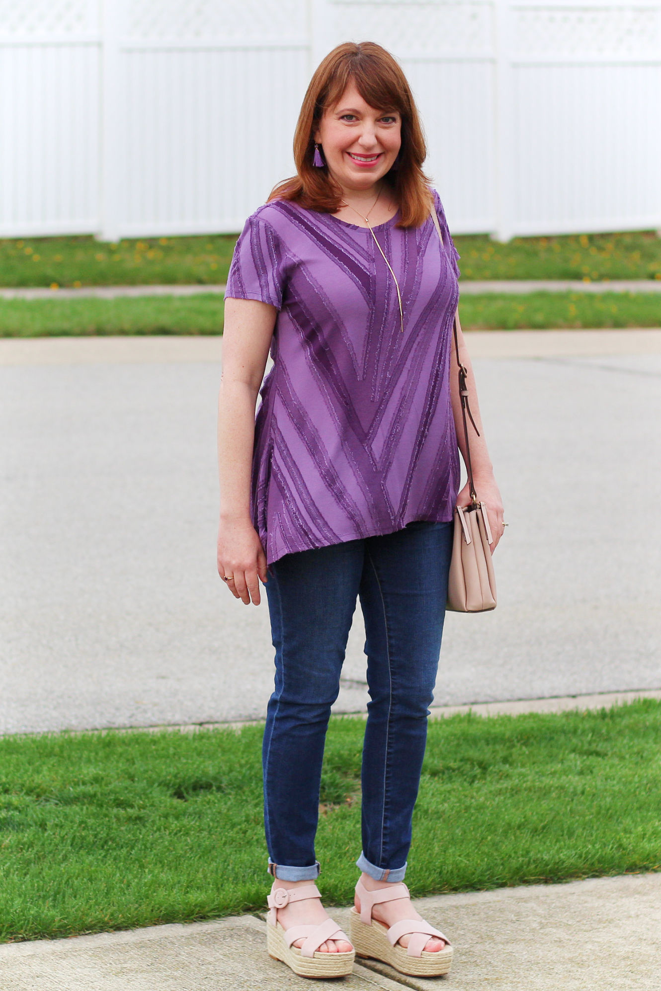 Spring Outfit Idea/Blush Handbag/Blush Sandals #palepink #handbags #sandals #springsandals #purpletop