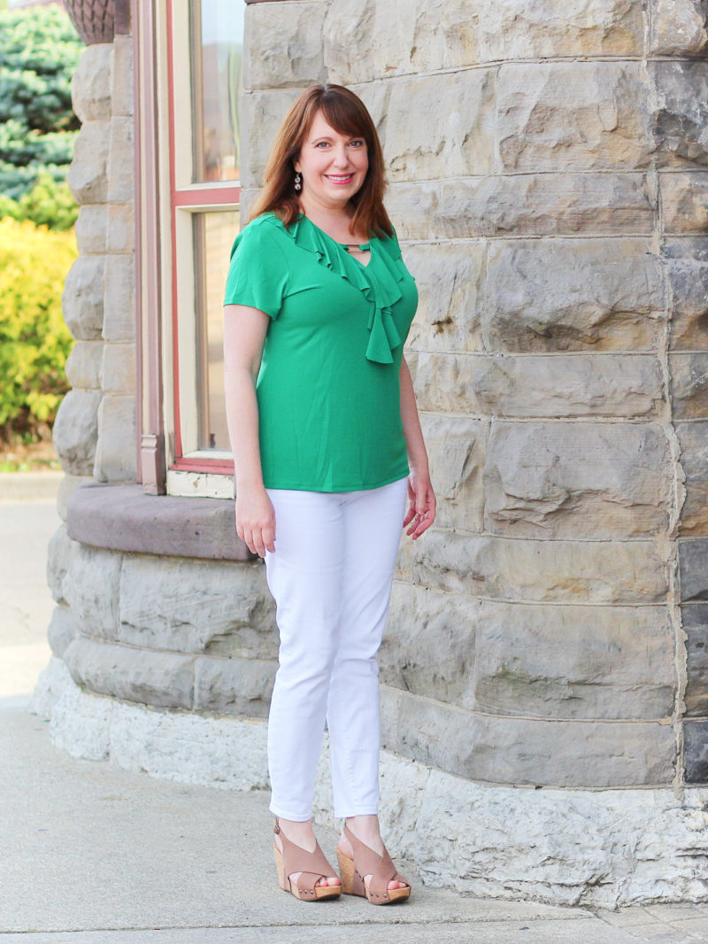 Green Ruffle Top and White Jeans – Dressed in Faith