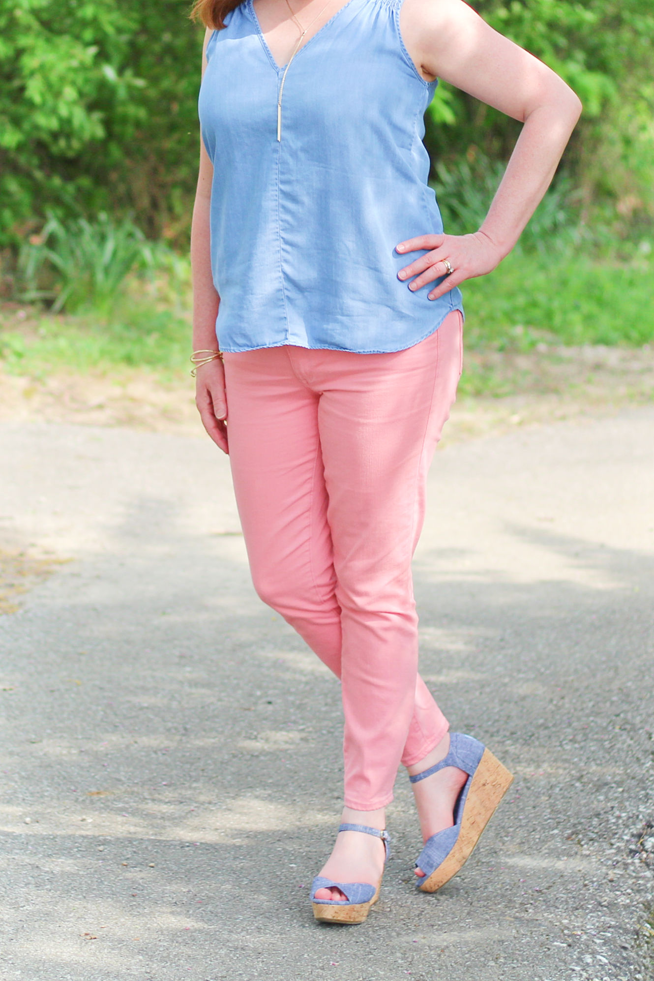 Chambray Top And Pink Jeans 