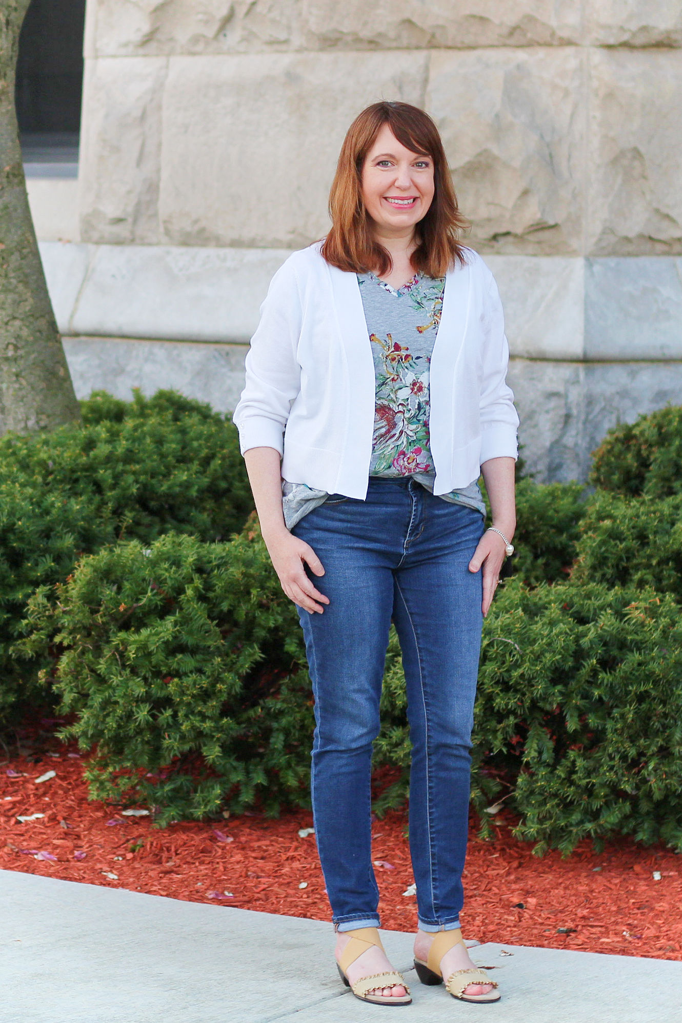 Floral Tee And White Sweater / Spring Outfits / Fashion Style / Fashion Over 40