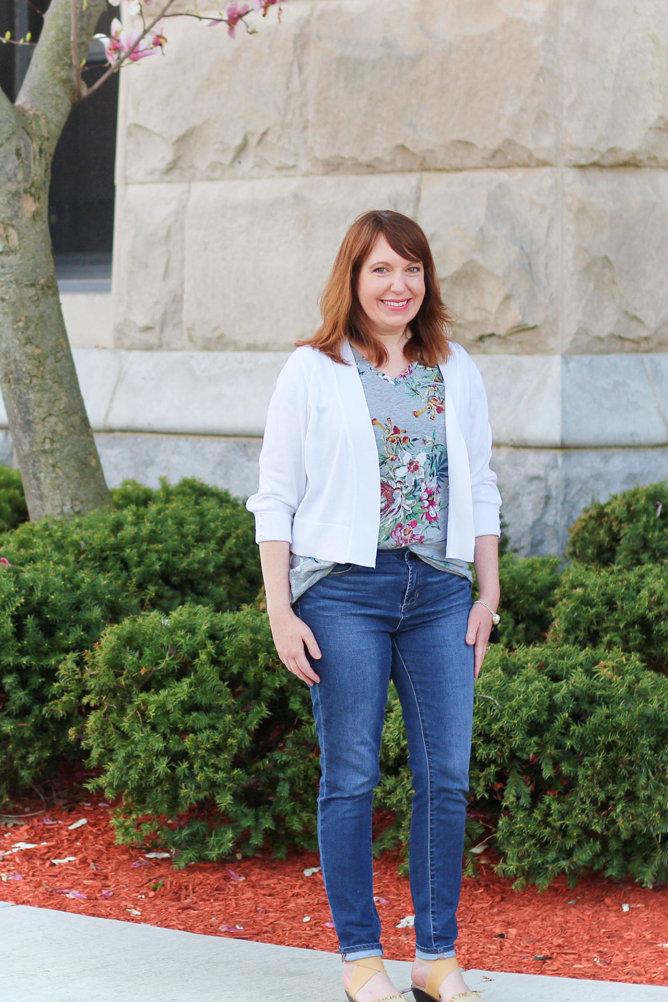 Floral Tee And White Sweater / Spring Outfits / Fashion Style / Fashion Over Forty 