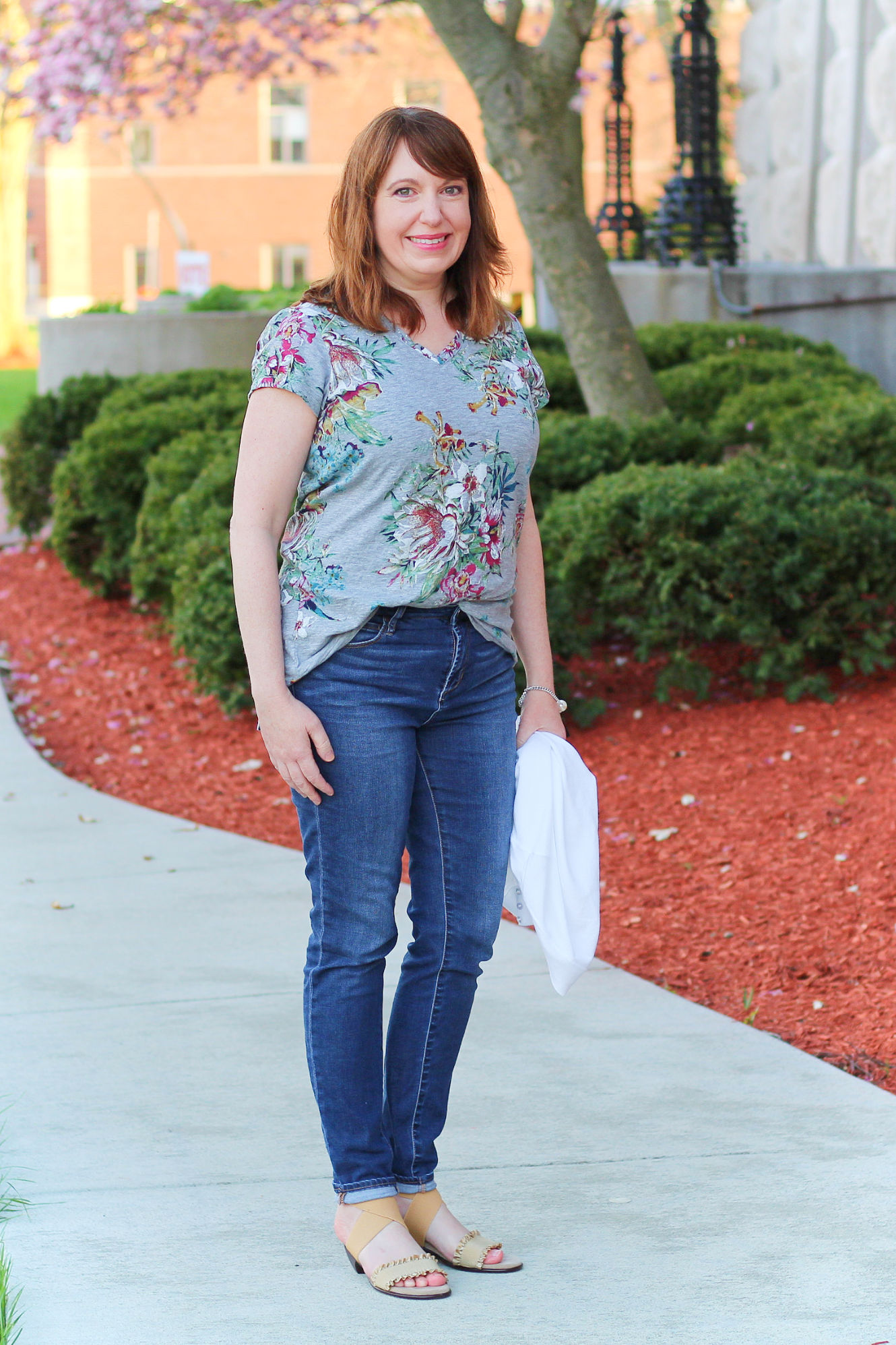 Floral Tee and White Sweater – Dressed in Faith