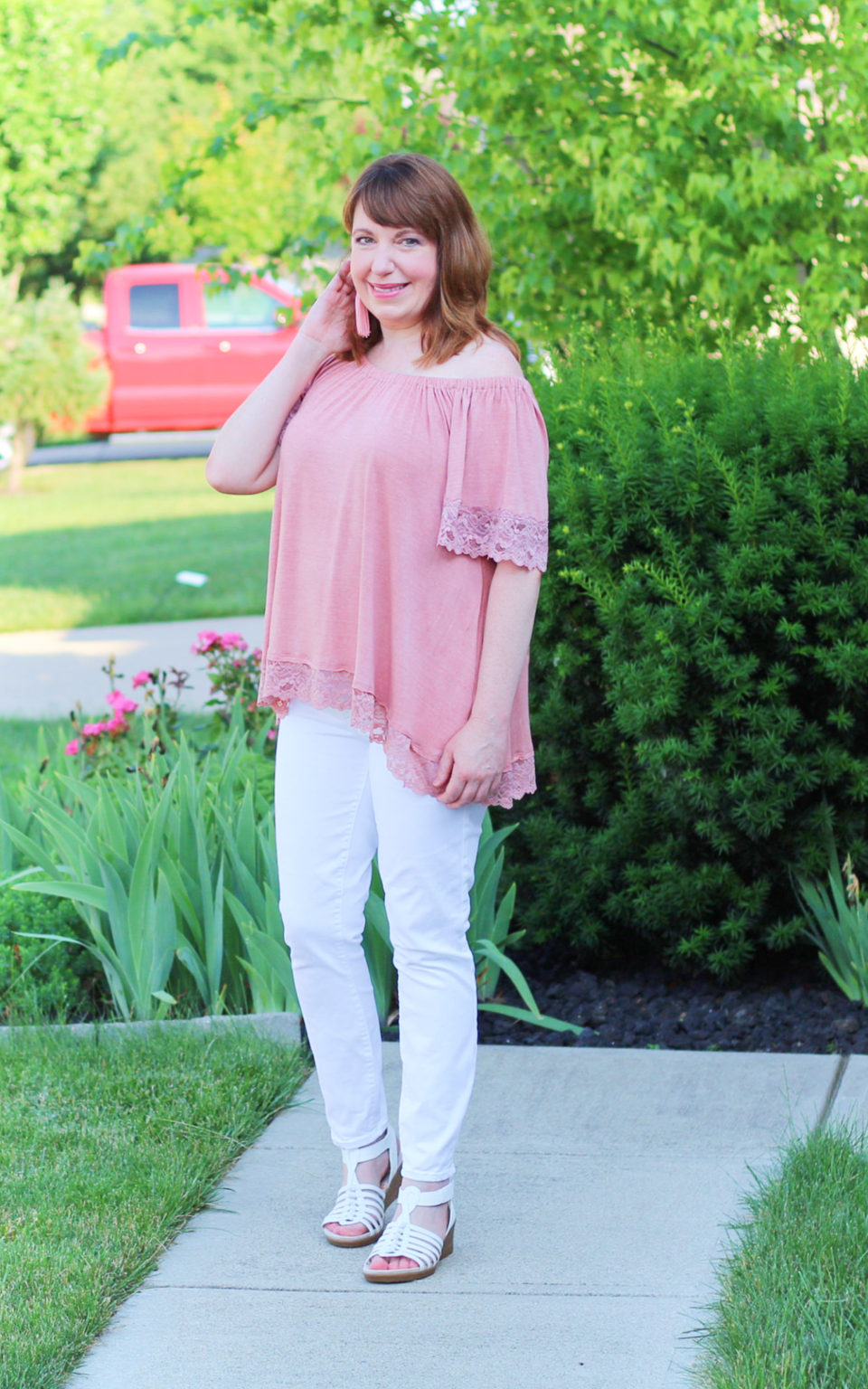 Pink Lace Top and White Jeans – Dressed in Faith