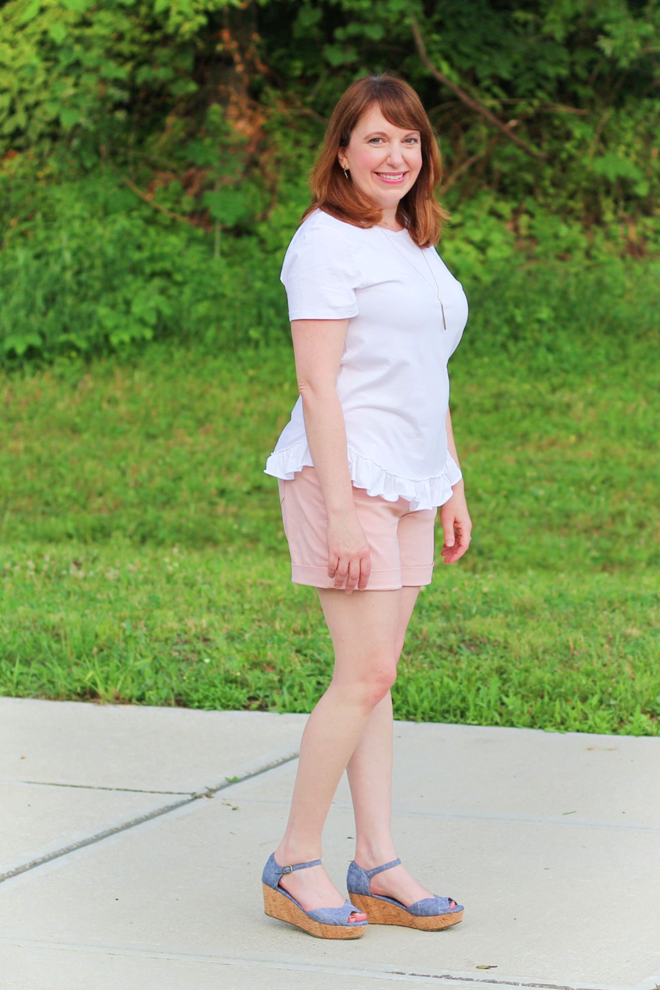 White Peplum Top And Blush Shorts #fashionover40 #summeroutfit #fashion #style