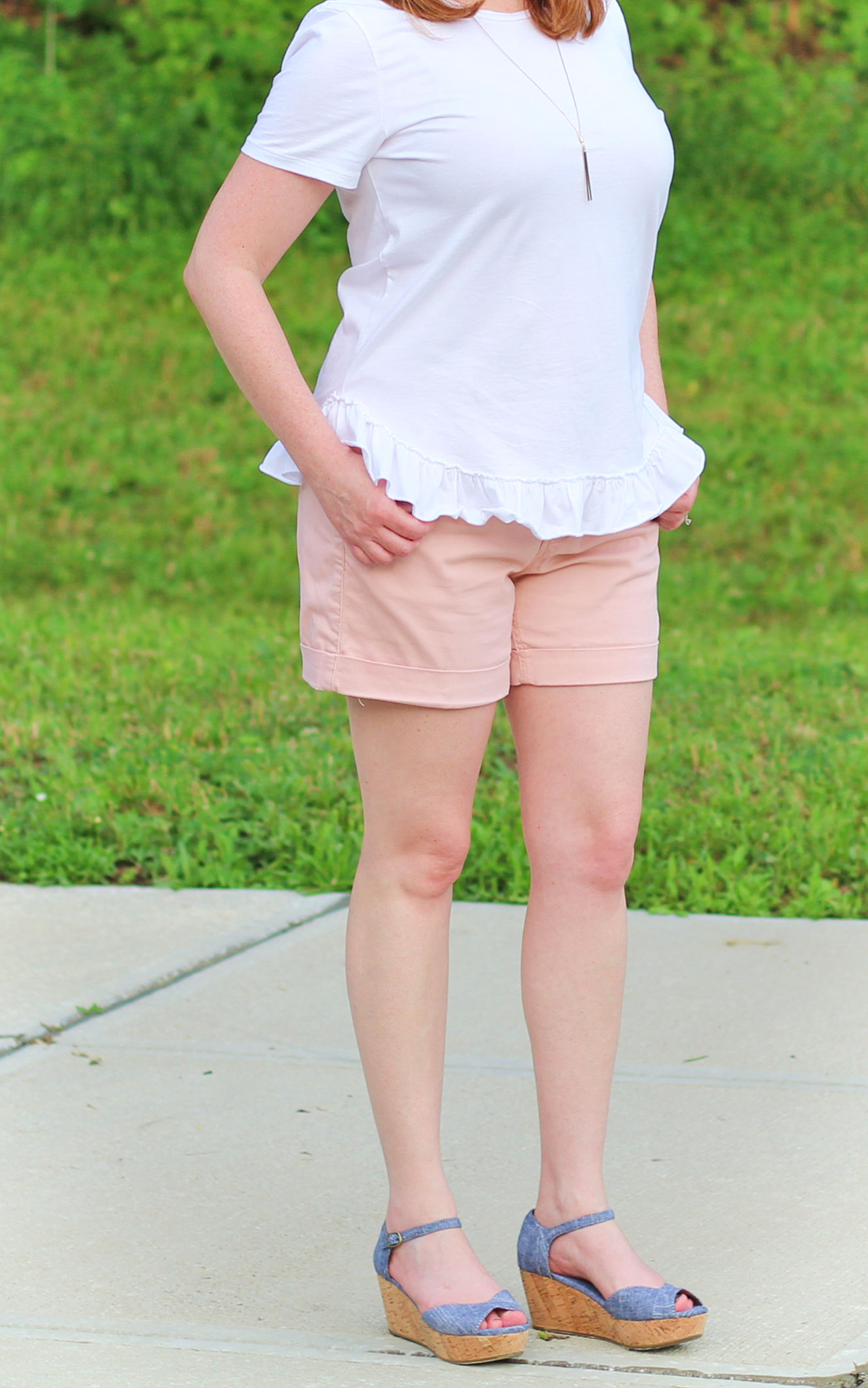 White Peplum Top And Blush Shorts #fashionover40 #summeroutfit