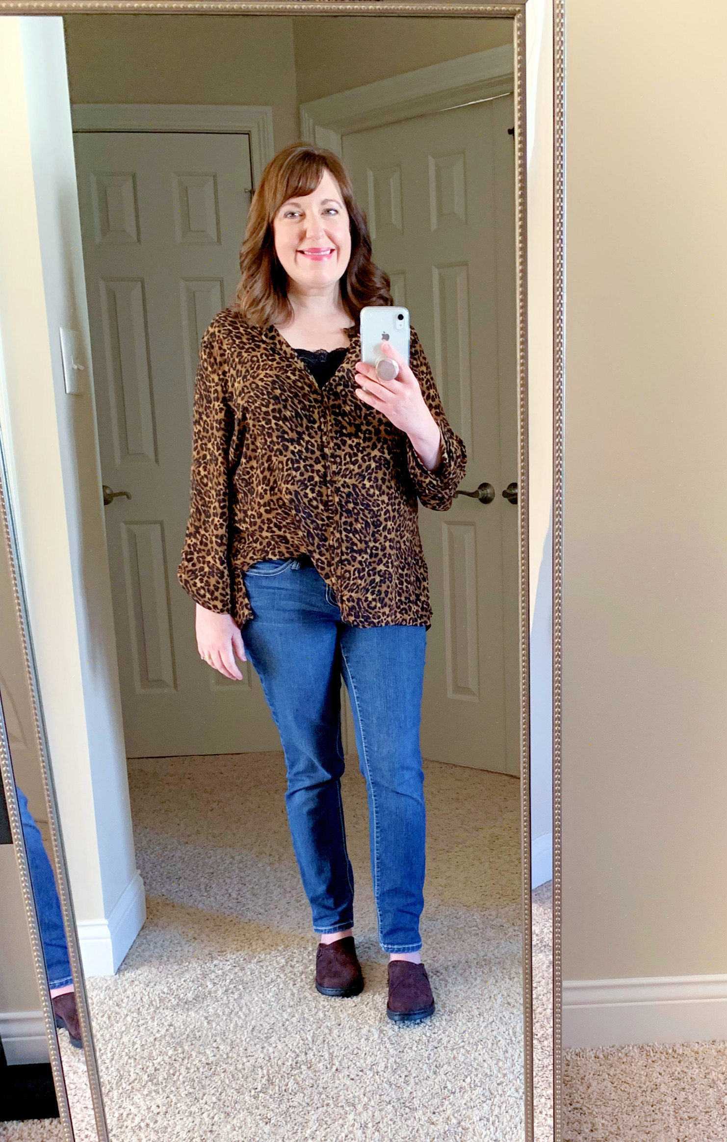 Three of 4 ways to wear a leopard print blouse.