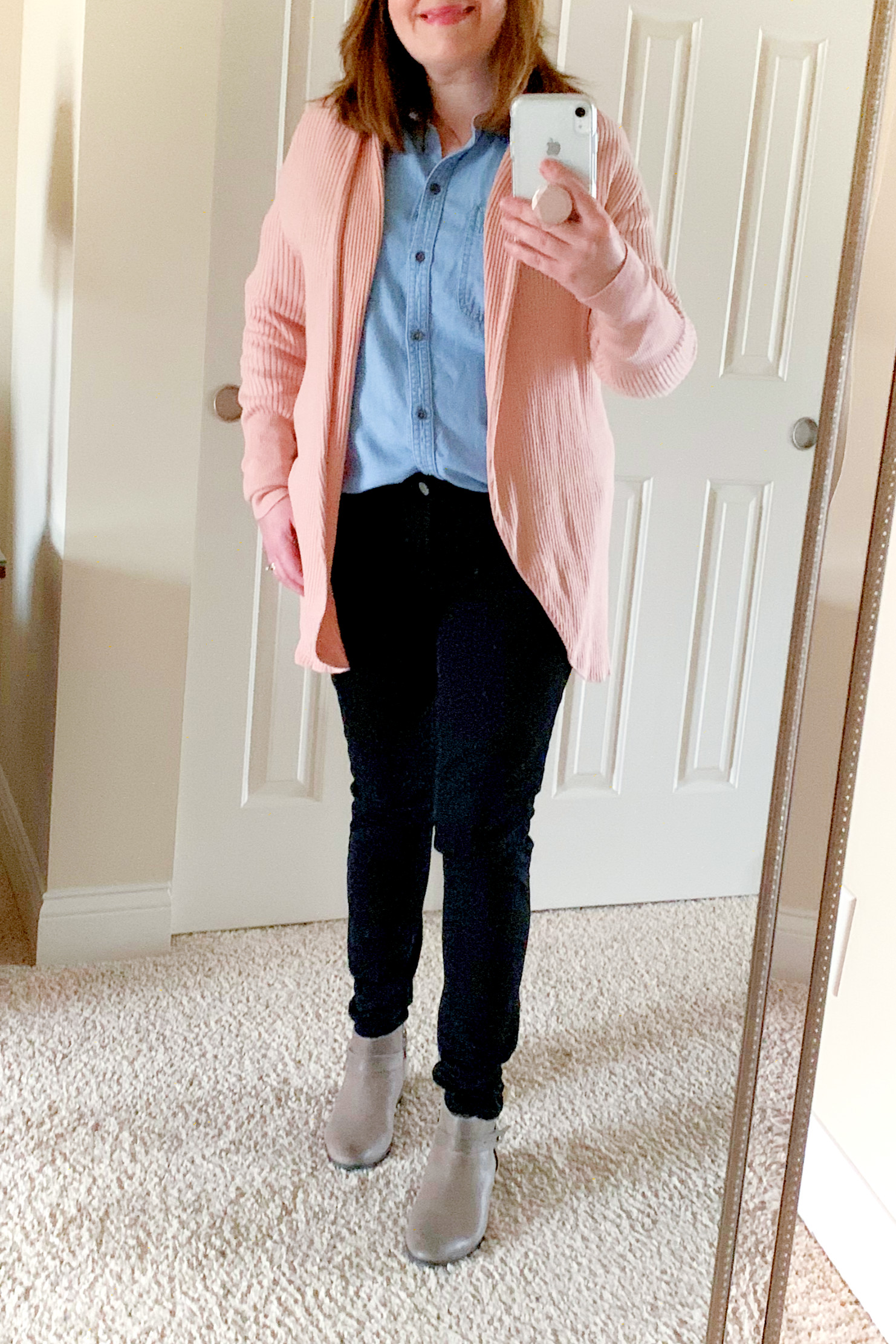 Pink Cardi + Chambray Shirt + Black Jeans + Taupe Booties