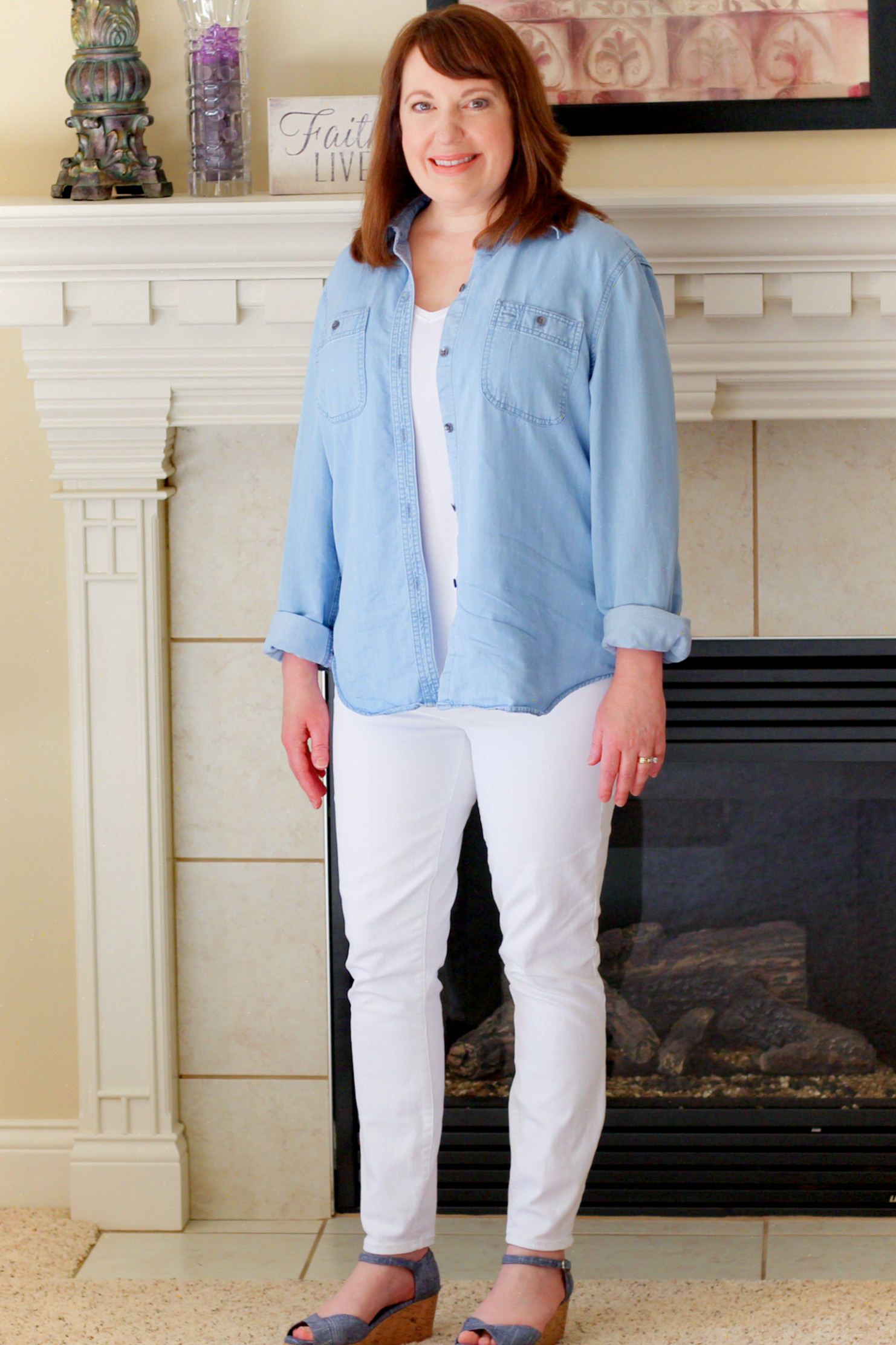 With chambray shirt and white pumps