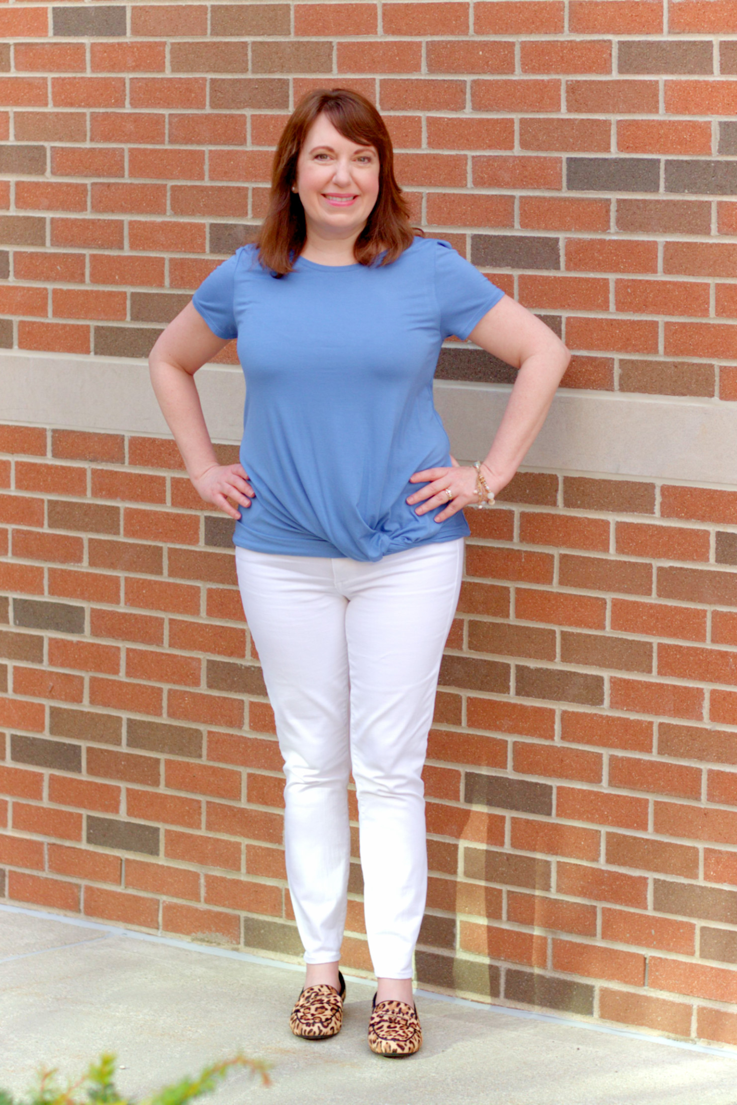 Blue Top, White Jeans, Leopard Loafers, & Bracelet