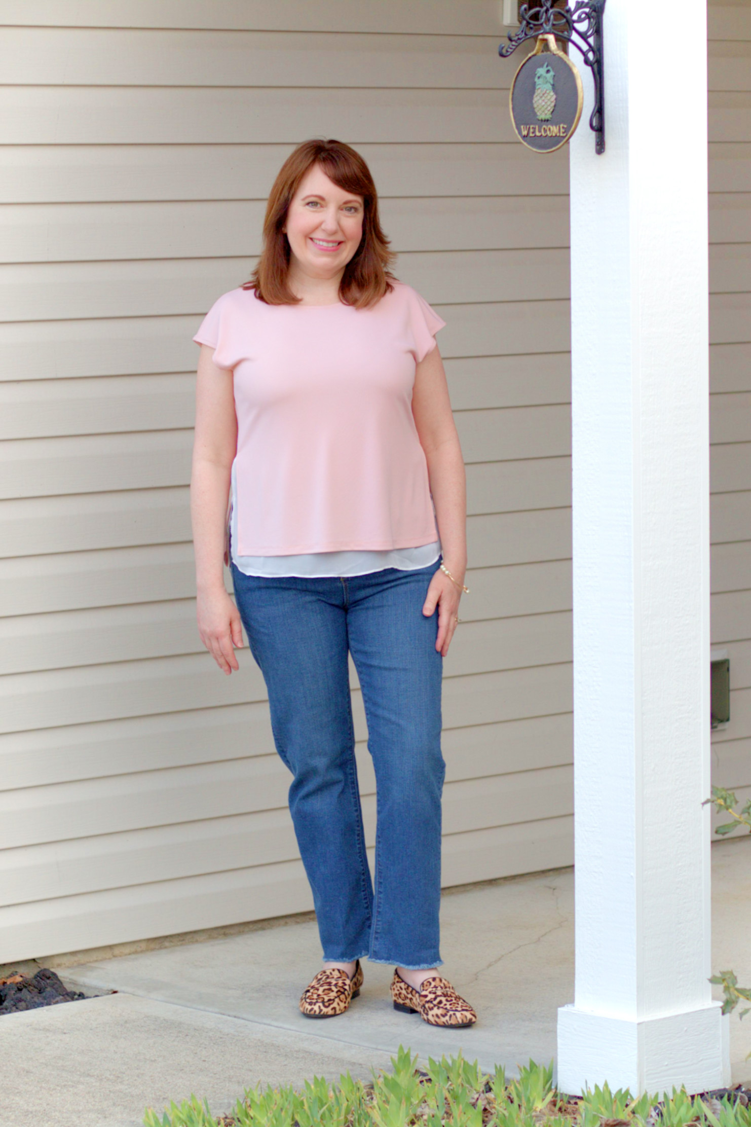 Dianna Miller Stying A Pink Top & Leopard Loafers