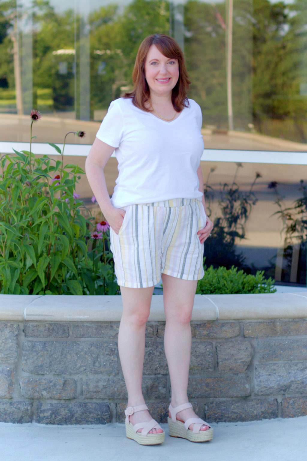 Stripe Shorts + White Tee – Dressed in Faith