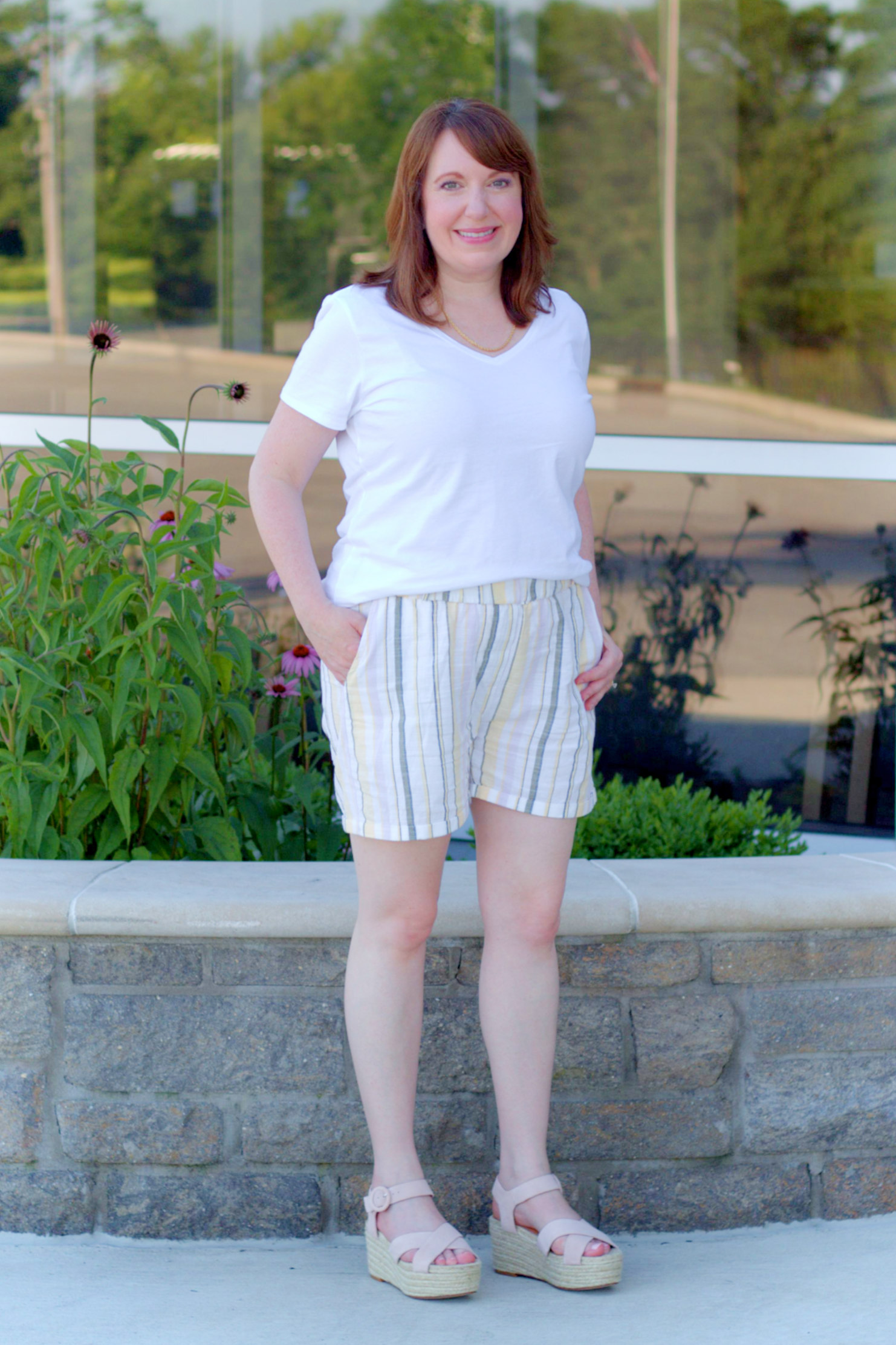 White Tee, Shorts, & Blush Sandals