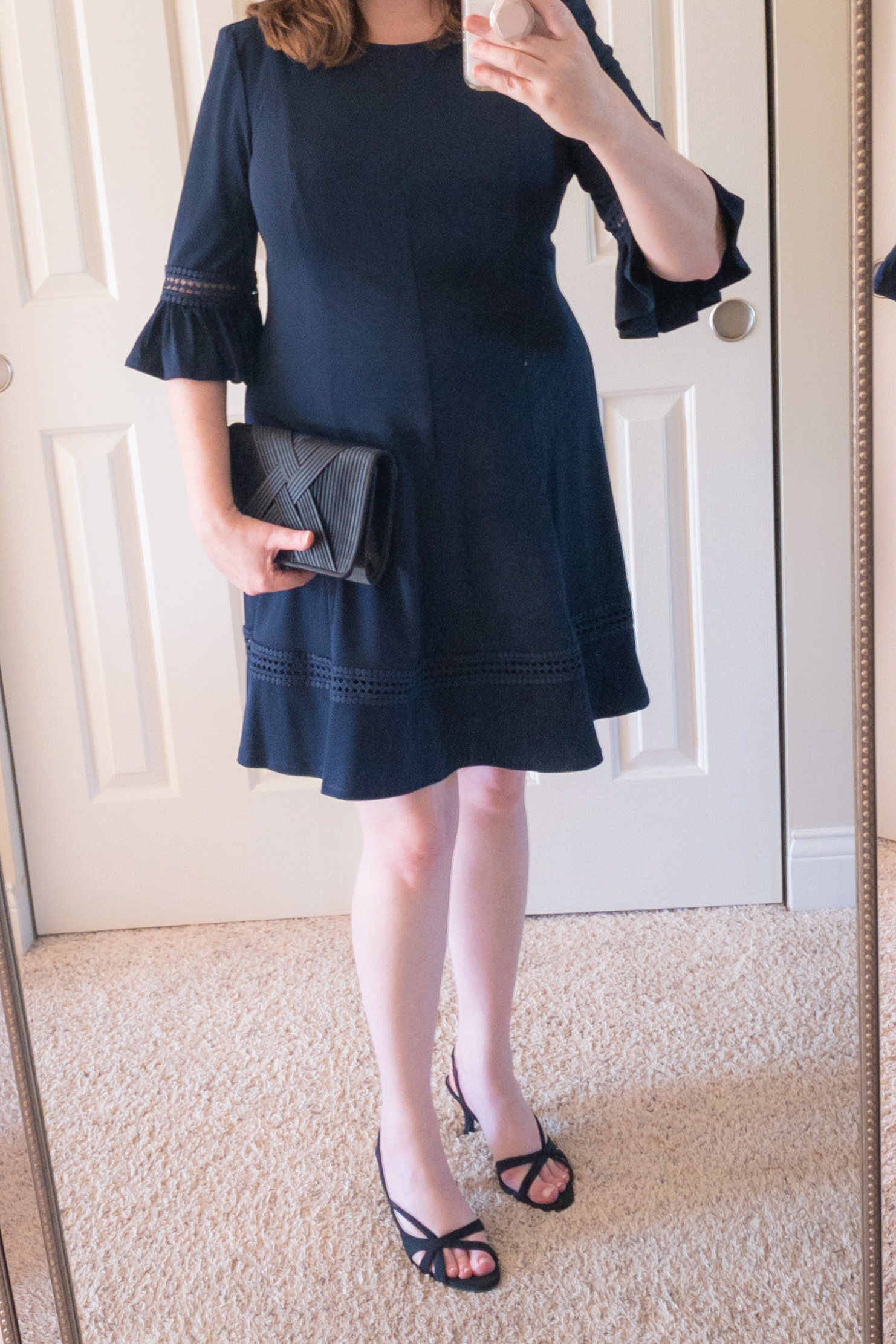 Navy Dress, Strappy Sandals, & Black Clutch