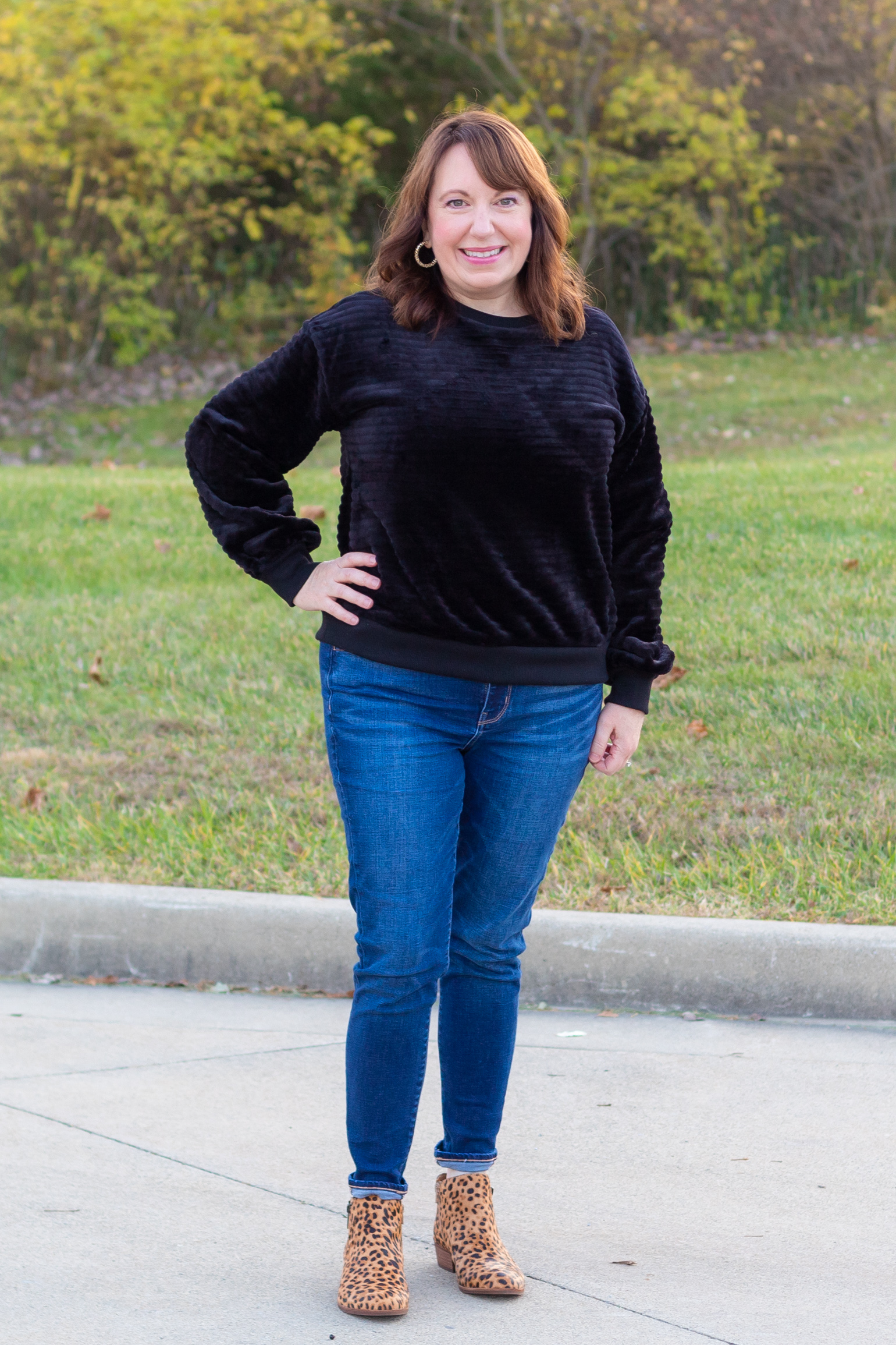 Dianna Wearing Black Plush Sweatshirt