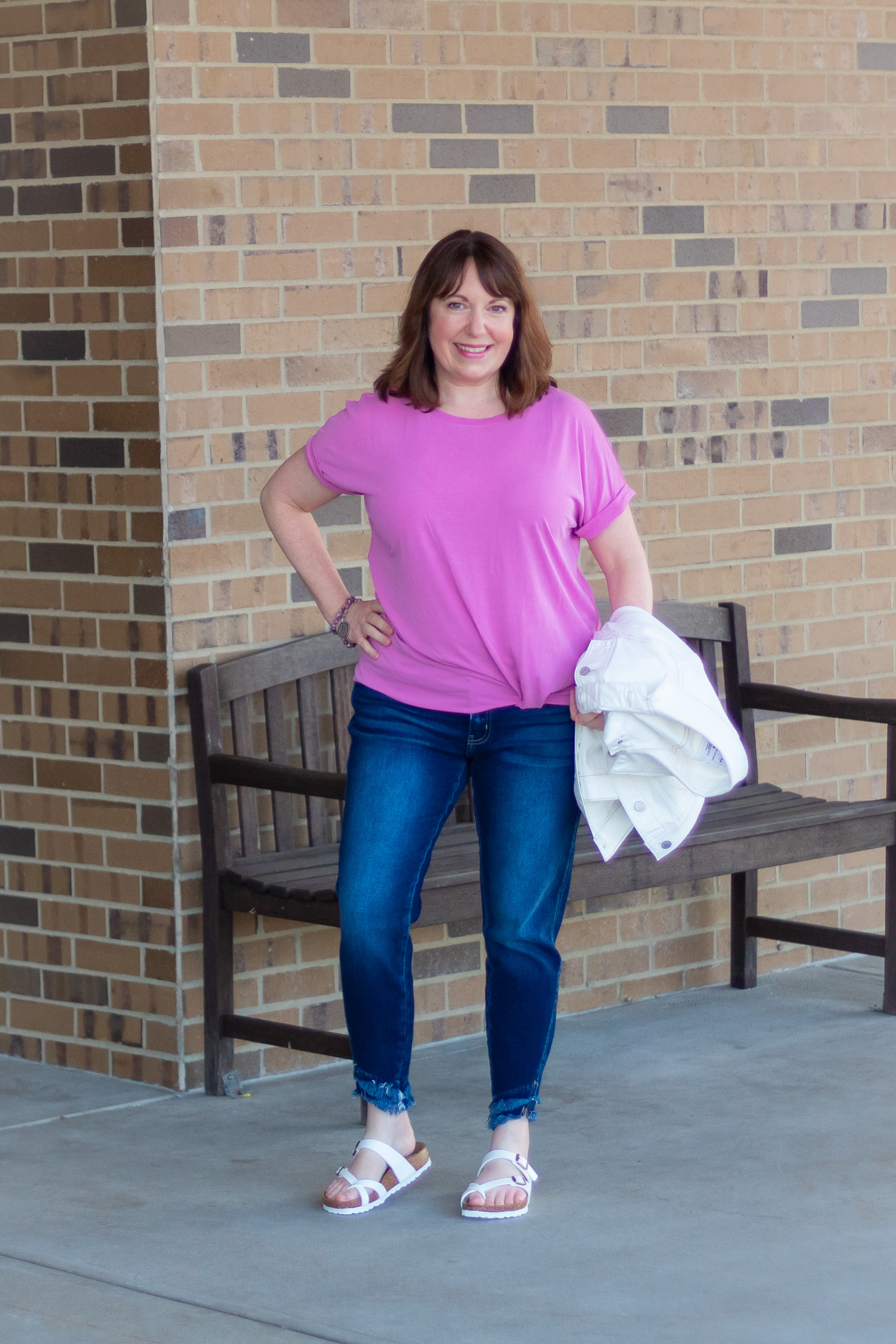 Pink Top, Jeans, & Sandals