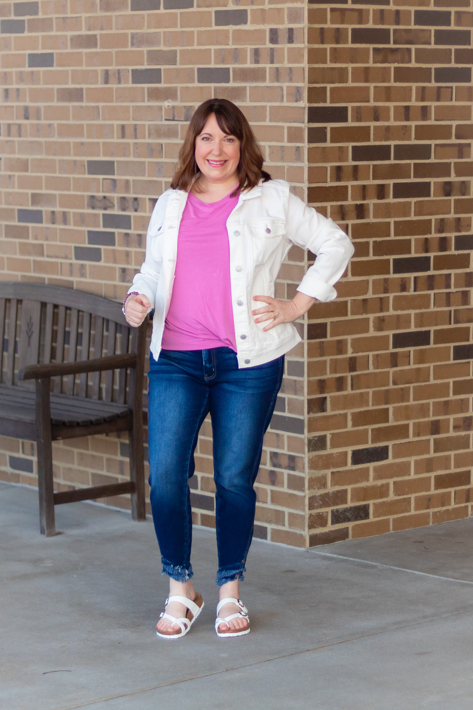 Pink Twist Top Outfit with White Denim Jacket