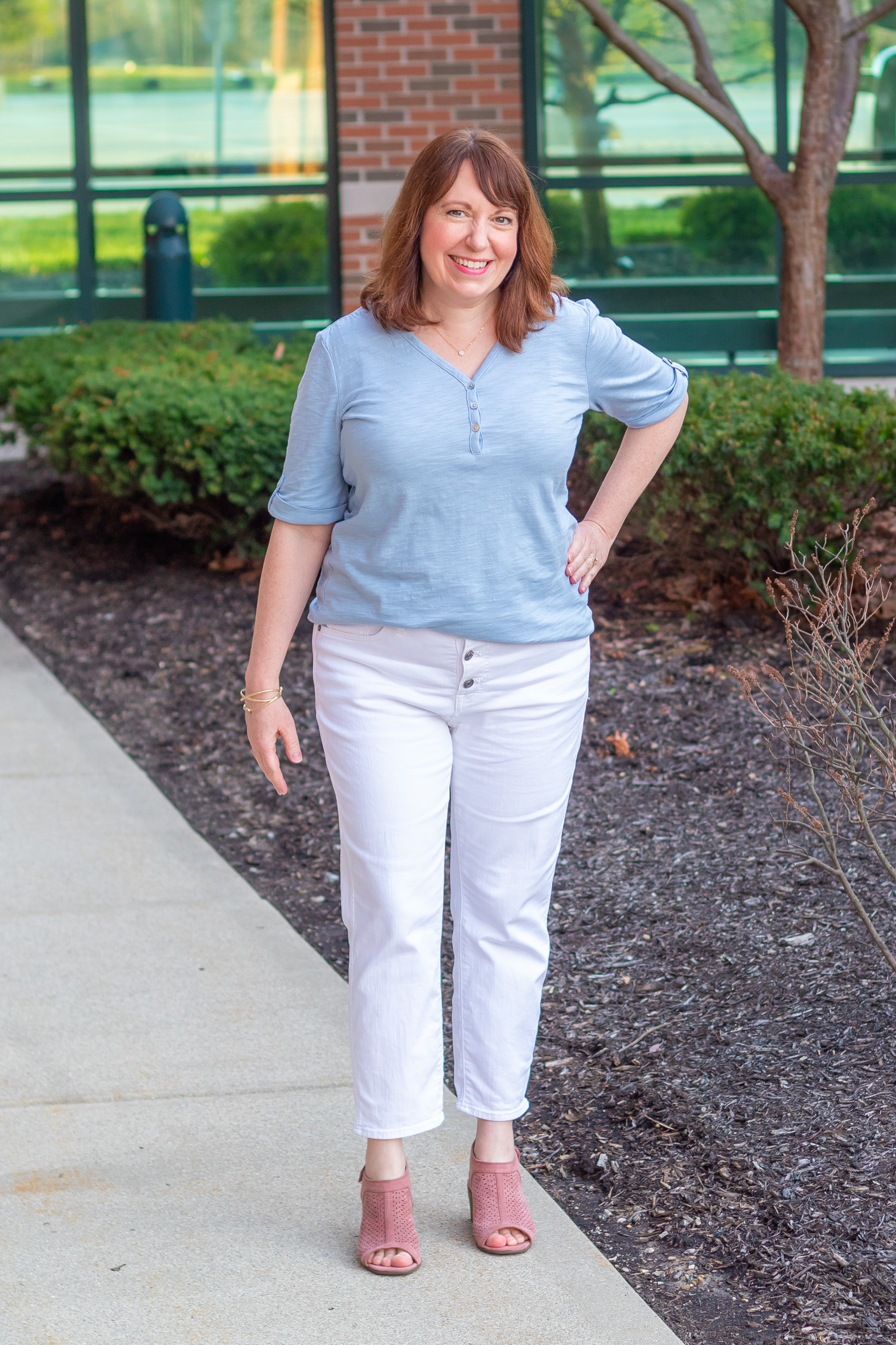 Soft Blue Henley Tee & White Denim