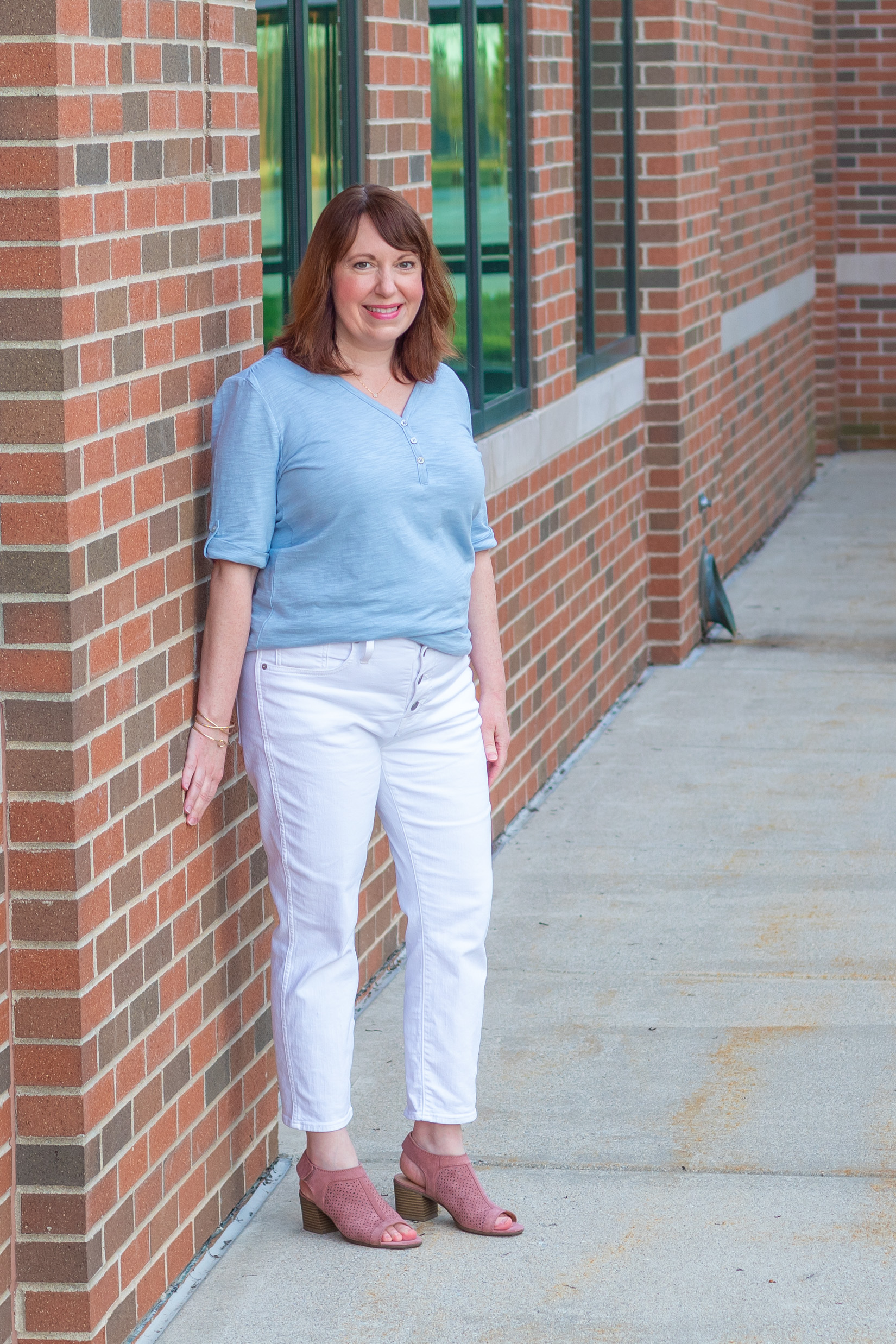 Dianna Wearing Soft Blue Henley Tee