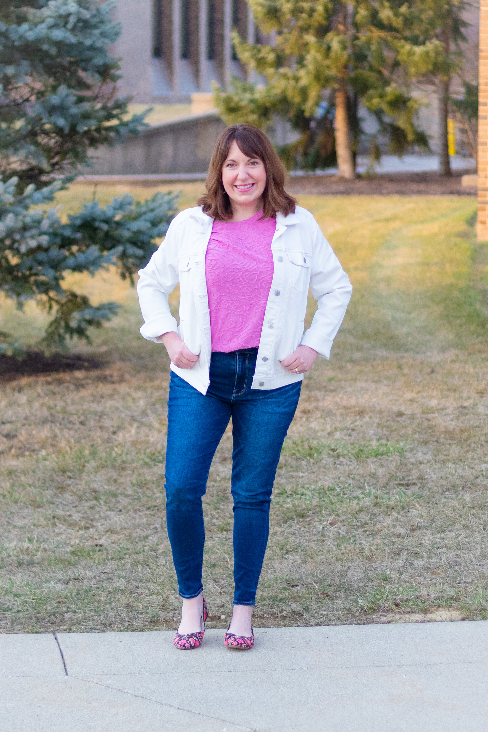 White Denim Jacket & Patterned Pink Top