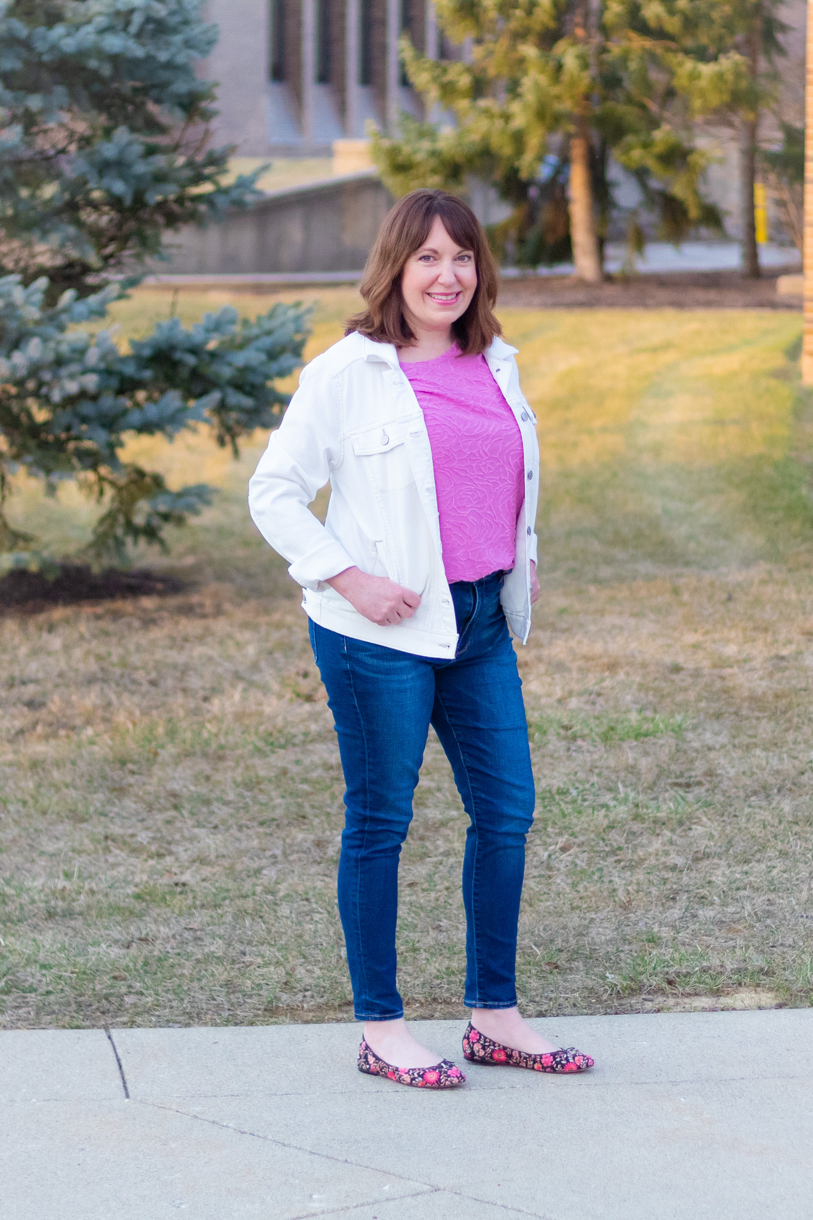 Denim Jacket, Pink Top, Jeans, & Floral Flats