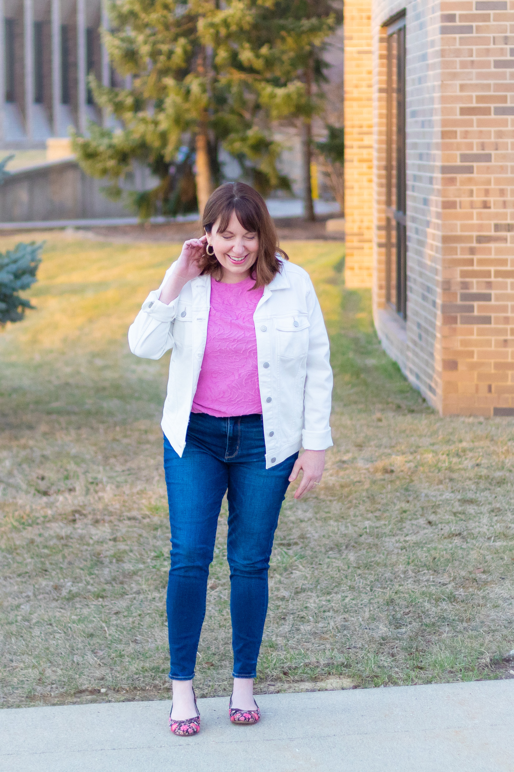 White jacket hotsell with blue jeans